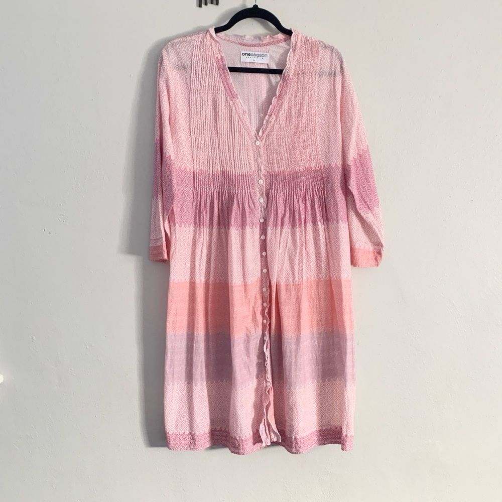 One Season Australia Pink Ombré Cotton Button-Front Dress | Size L
